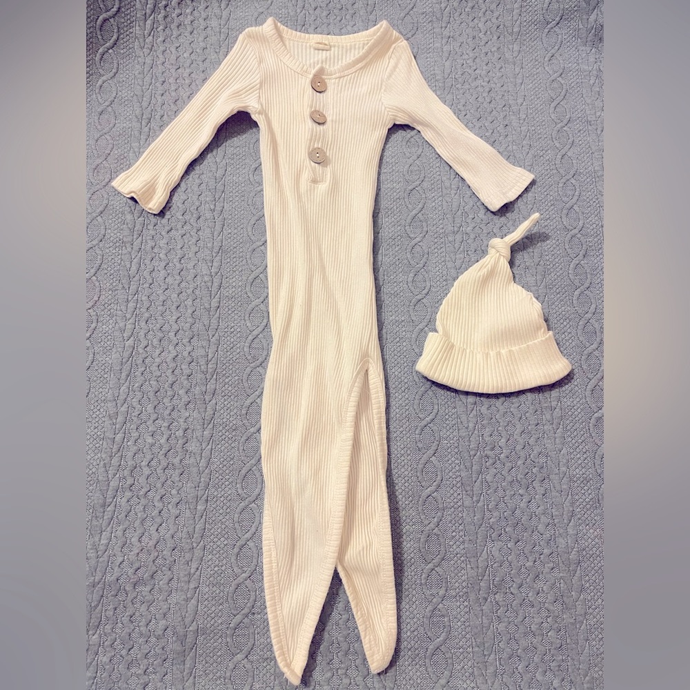 NB infant gown. Cream colored with hat.